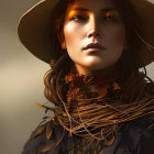 Woman with long wavy hair in hat, scarf, coat against warm background