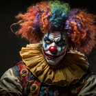 Colorful Clown with Rainbow Wig and Painted Face on Dark Background