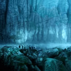 Figures walking on rocky ledge in cavernous blue-lit landscape