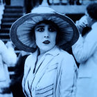 Vintage Woman in Blue Monochrome Attire and Wide Brimmed Hat