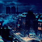 City Snowy Night Scene with Glowing Windows and London Landmark Silhouettes