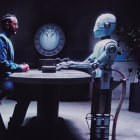 Humanoid robots at round table with plant centerpiece in dimly lit room