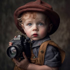 Toddler with Blue Eyes in Brown Flat Cap and Tan Coat