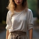 Woman with Wavy Hair in Beige Hat and White Top Outdoors