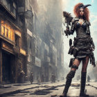 Futuristic warrior in high-tech armor in advanced cityscape