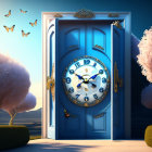 Blue whimsical door with ornate clock in fantasy landscape.