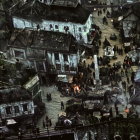 Multicolored houses in a dense autumn village at twilight