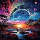 Fantastical sunset landscape with river, trees, planets, and starlit sky.