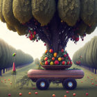 Cart with oversized fruits in surreal orchard landscape