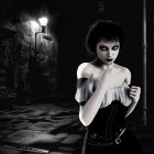 Monochrome artistic illustration of a vintage-styled woman on a mysterious, dimly lit street