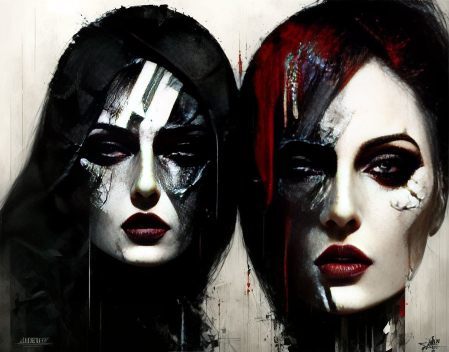 Two women with dramatic dark makeup and intense expressions in black and white with red accents.