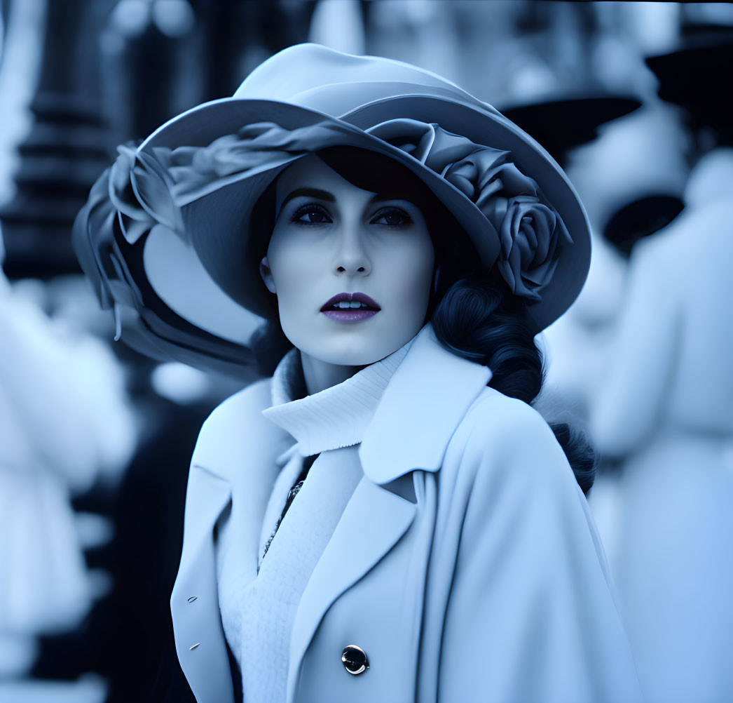 Vintage Woman in Blue Monochrome Attire and Wide Brimmed Hat