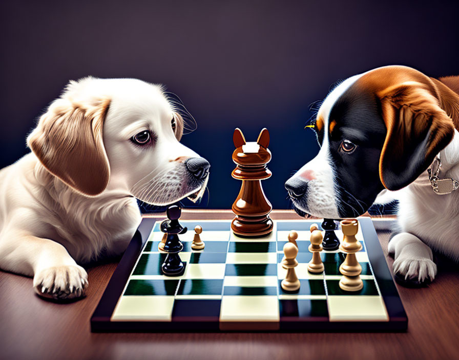 Two dogs playing chess in opposite positions on chessboard