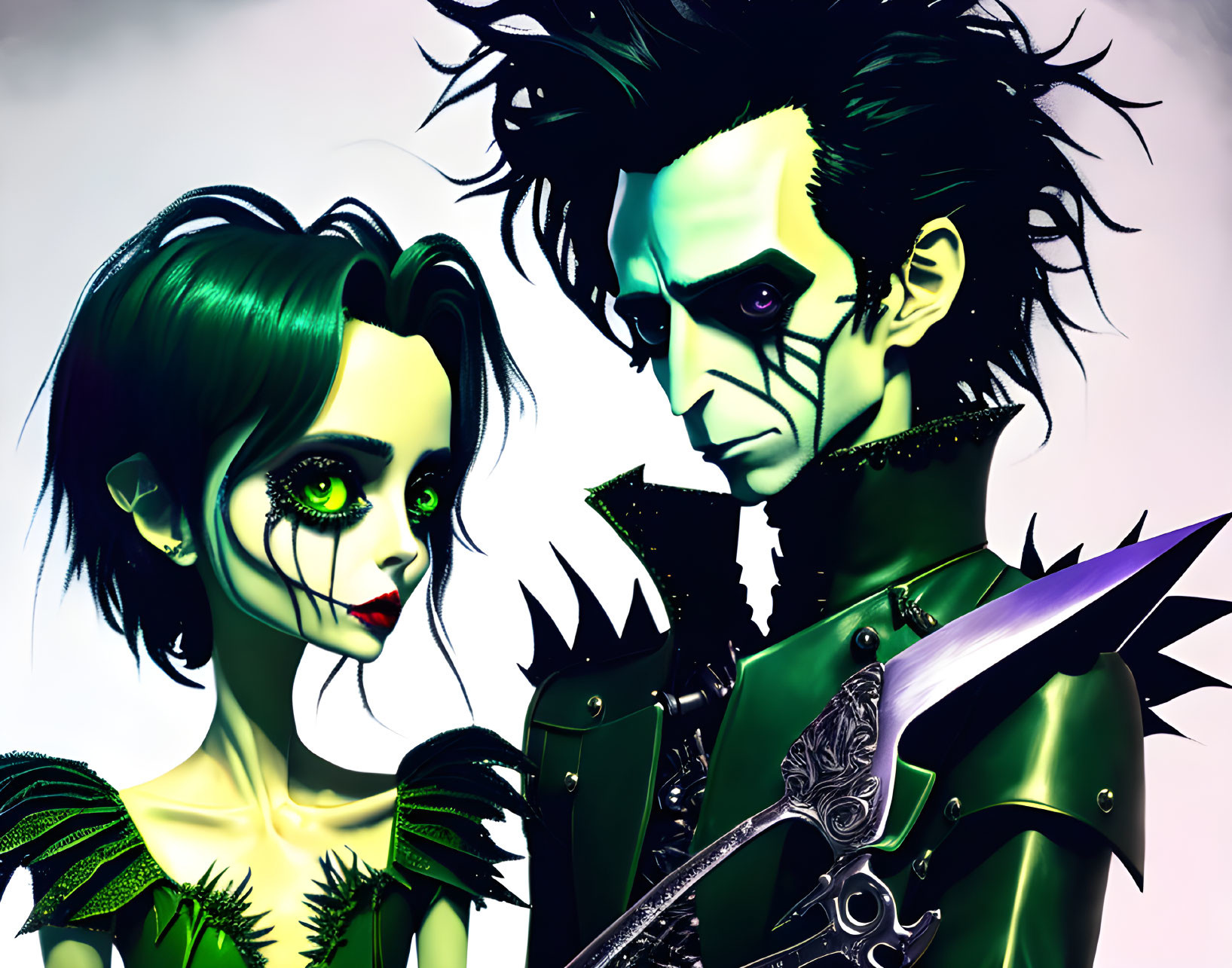 Gothic animated characters with green eyes, pale skin, black attire, and a dagger