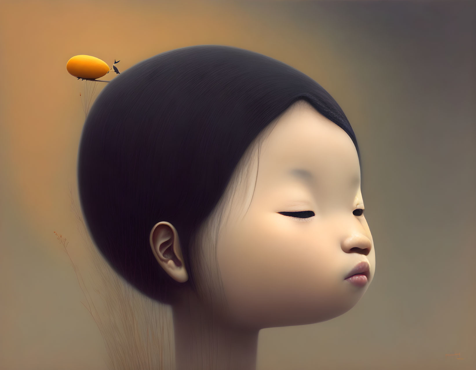 Stylized image of girl with oversized head and yellow dirigible in her hair