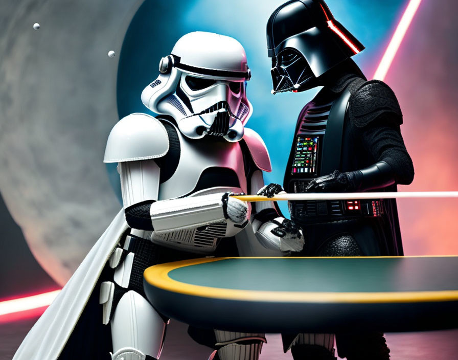 Stormtrooper and Darth Vader arm wrestling in playful scene