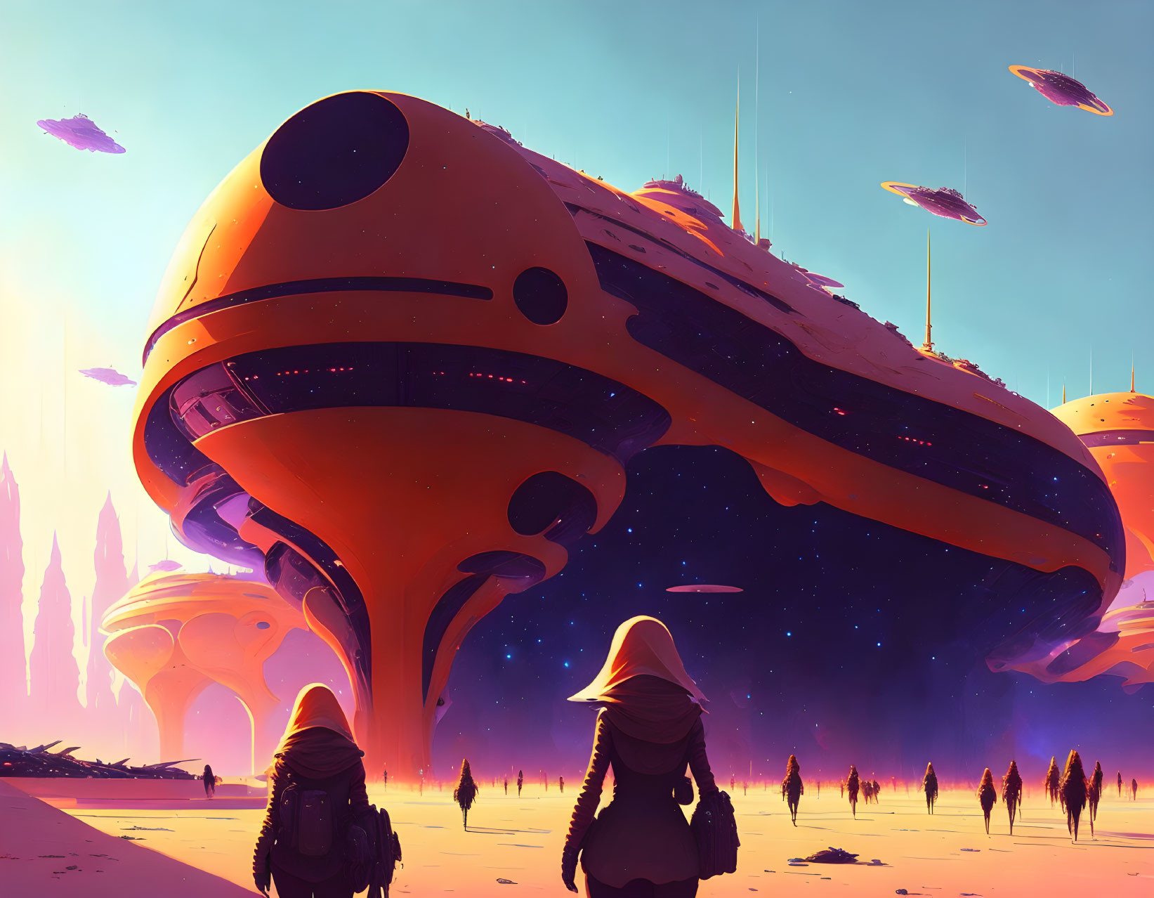 Alien landscape with figures and futuristic cityscape