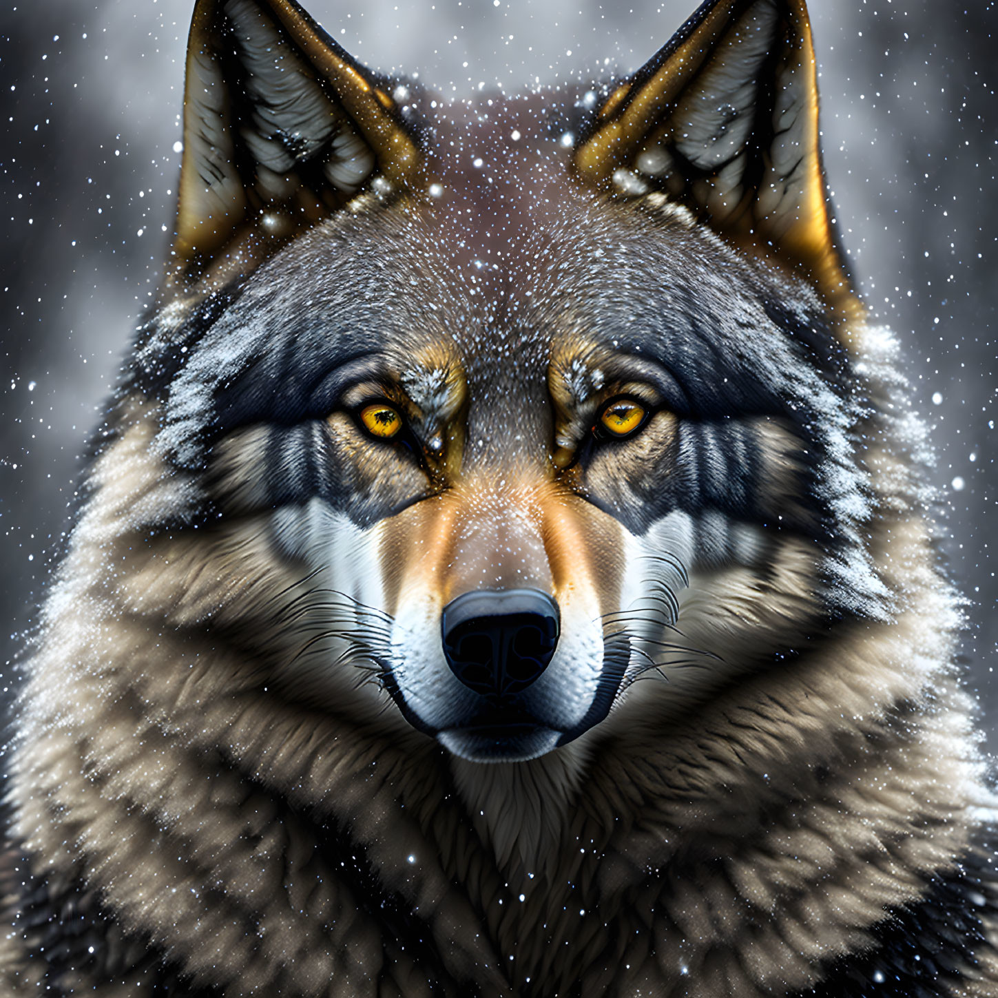 Detailed Wolf Face with Yellow Eyes in Falling Snowflakes