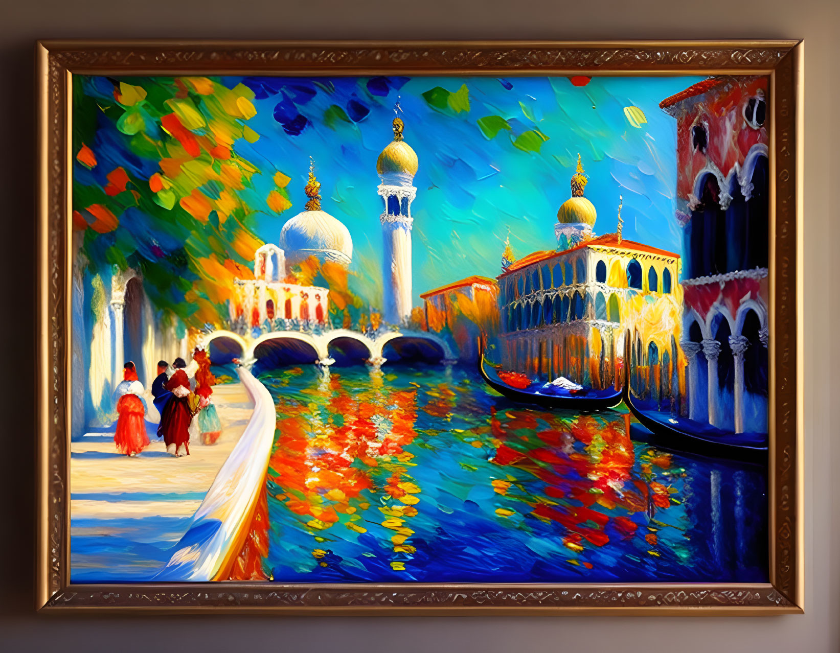 Impressionistic Venetian canal painting with gondola and ornate buildings in gold frame