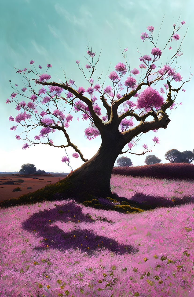 Twisted trunk tree with vibrant purple blossoms in a field of wildflowers