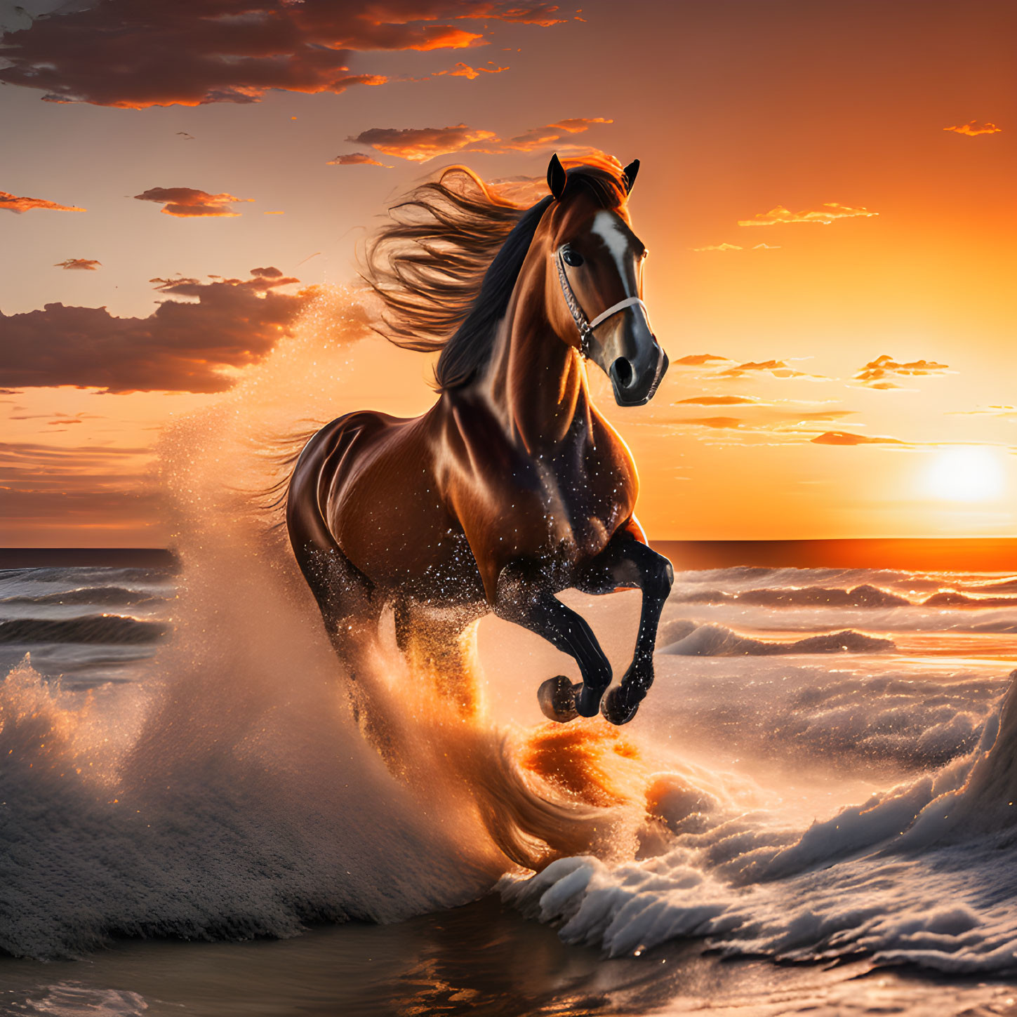 Majestic horse galloping in sunset surf with splashing waves