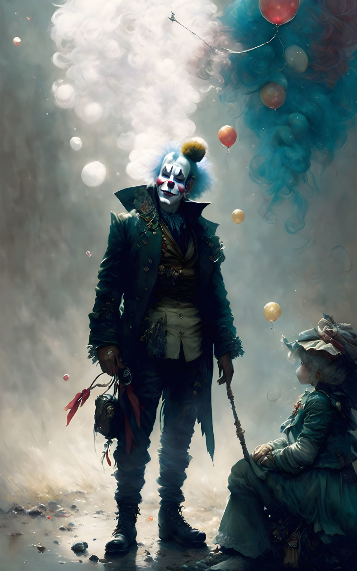 Vintage-clad somber clown with child playing among floating balloons