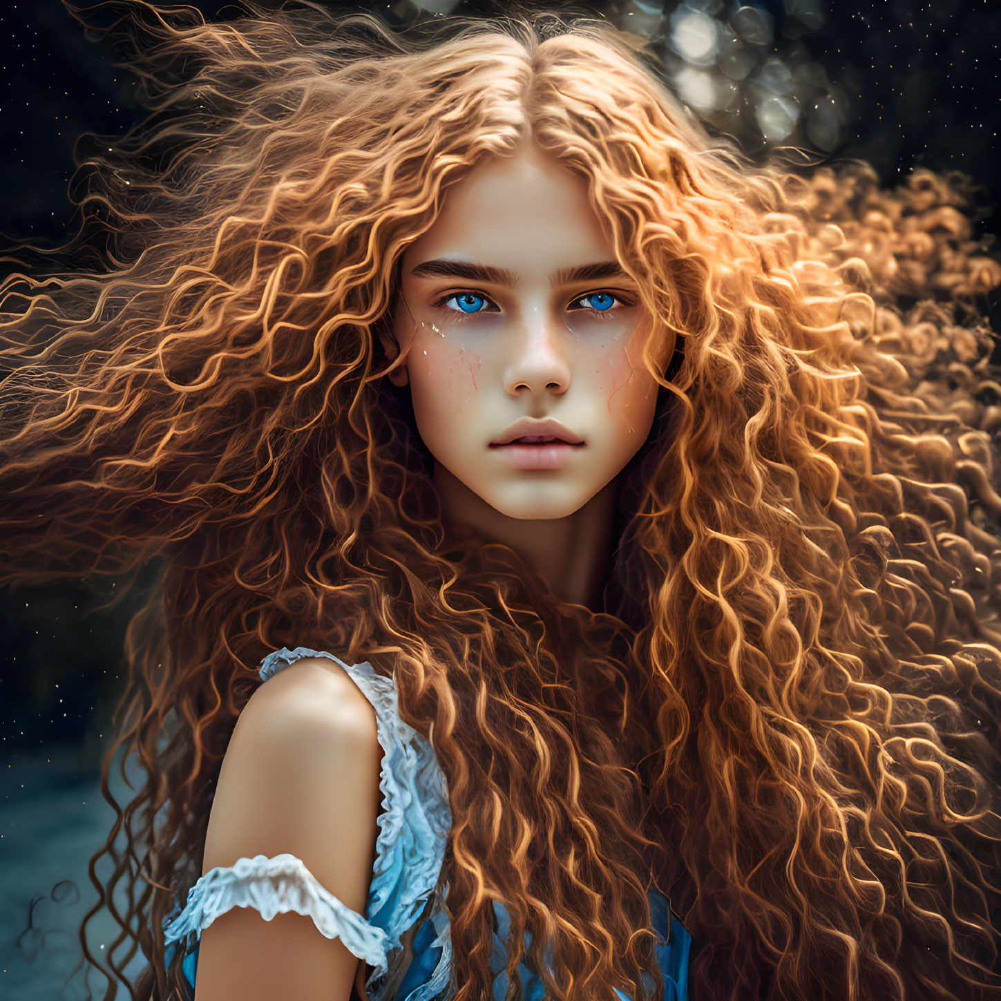 Young girl with voluminous red curly hair and blue eyes in a blue dress