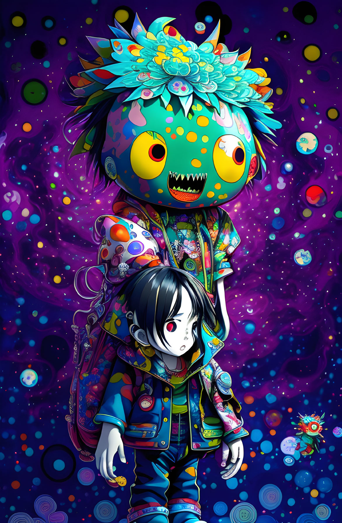 Colorful Monster Head and Human Figure in Decorative Outfits on Cosmic Background