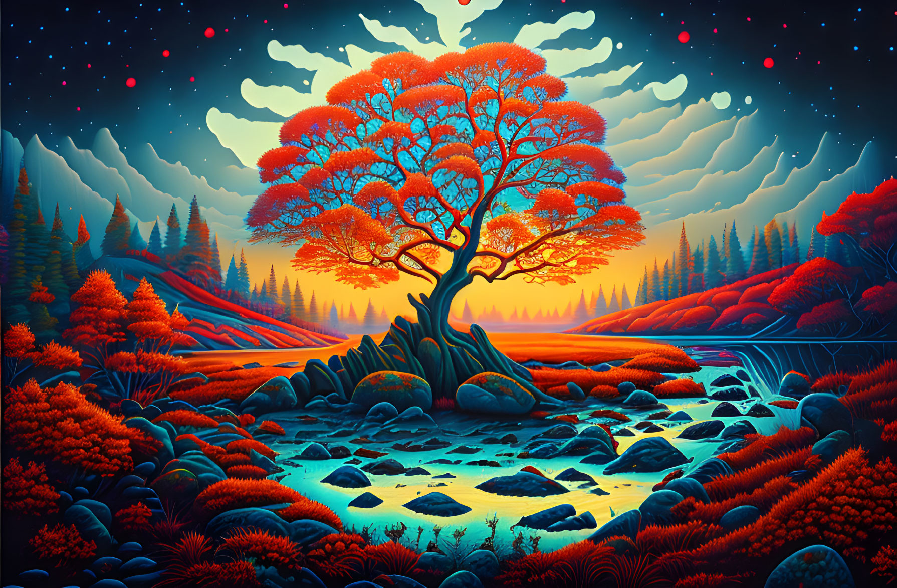 Colorful landscape with orange tree, rocky stream, red foliage, starry sky, and mountains