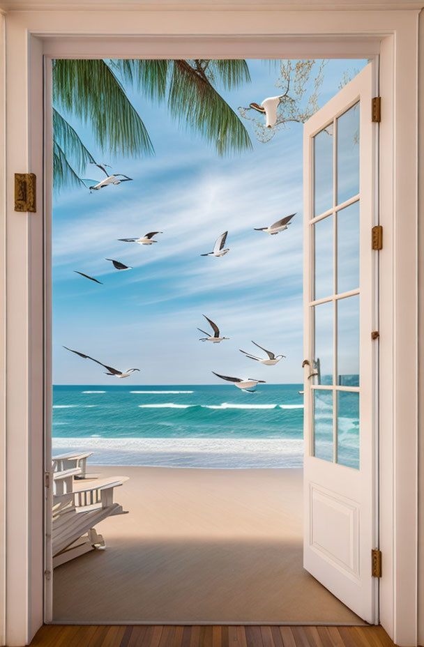 Sunny beach scene with open door, palm leaves, seagulls, waves, and bench