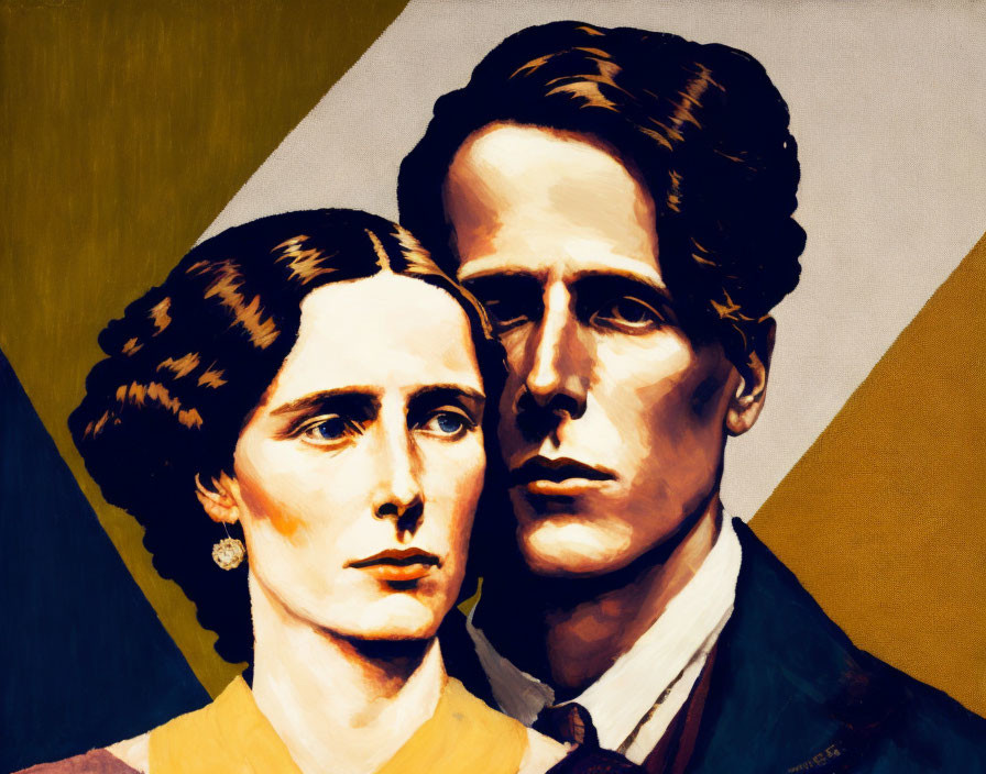 Vibrant stylized portrait of a woman and man with geometric background