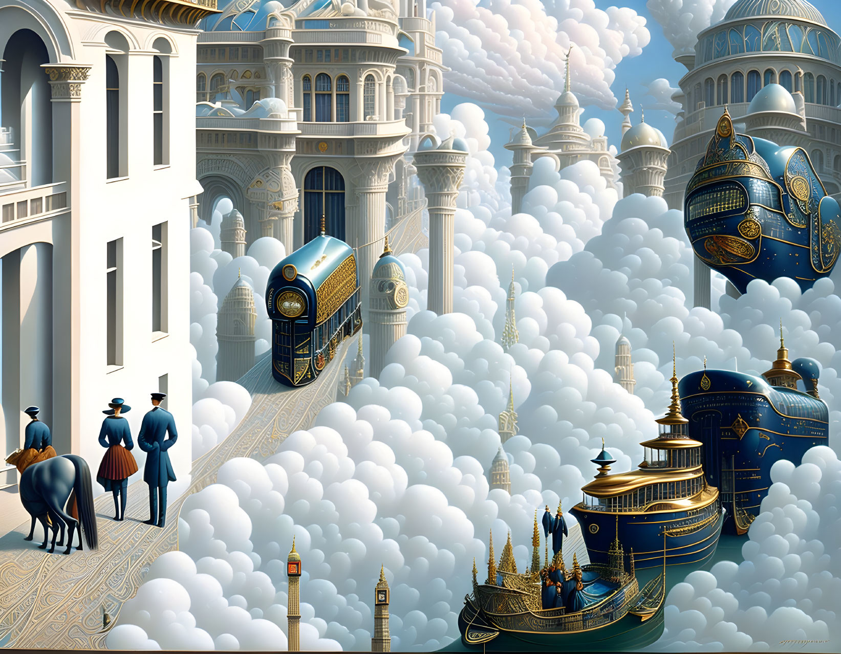 Ornate cloud-floating buildings with vintage attire people, steam train, and airships in a fantast