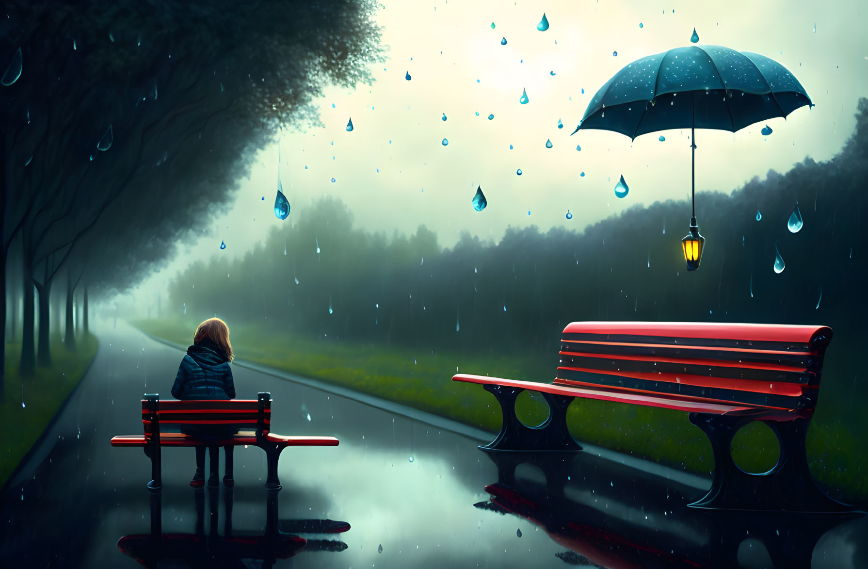 Person sitting on red bench under floating umbrella in rain-drenched landscape