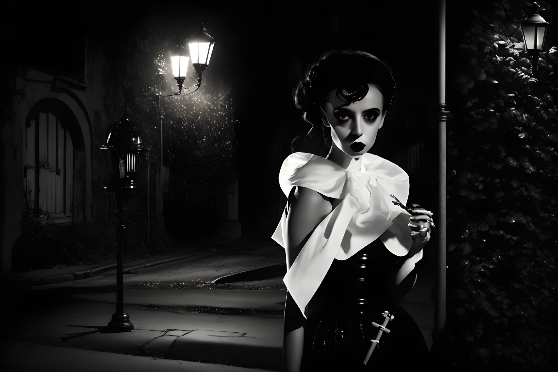 Monochrome artistic illustration of a vintage-styled woman on a mysterious, dimly lit street