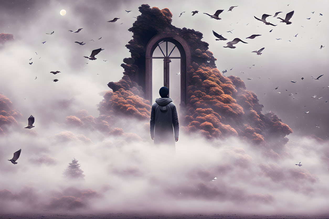 Person standing before floating arched window in surreal landscape.