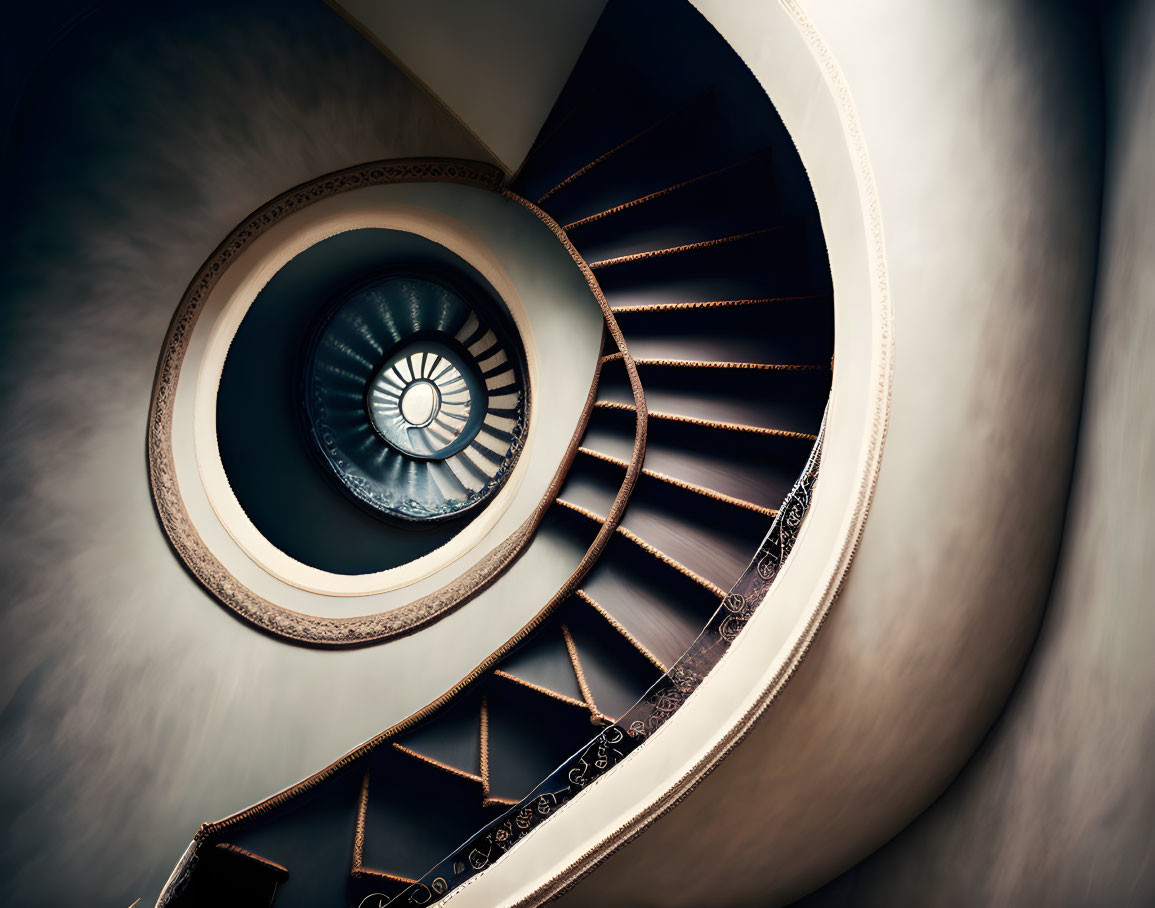 Ornate Metal Spiral Staircase Leading to Circular Skylight