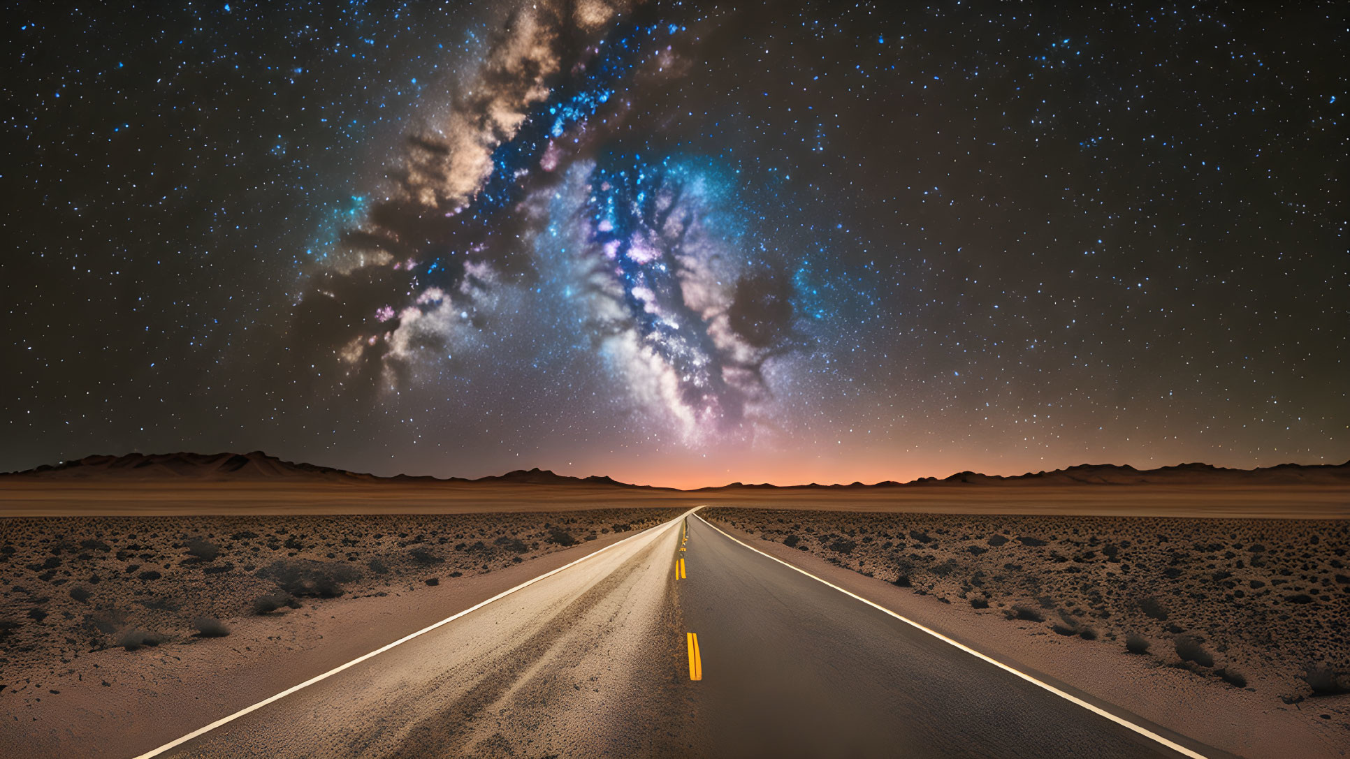 Desert road under starry sky with Milky Way galaxy