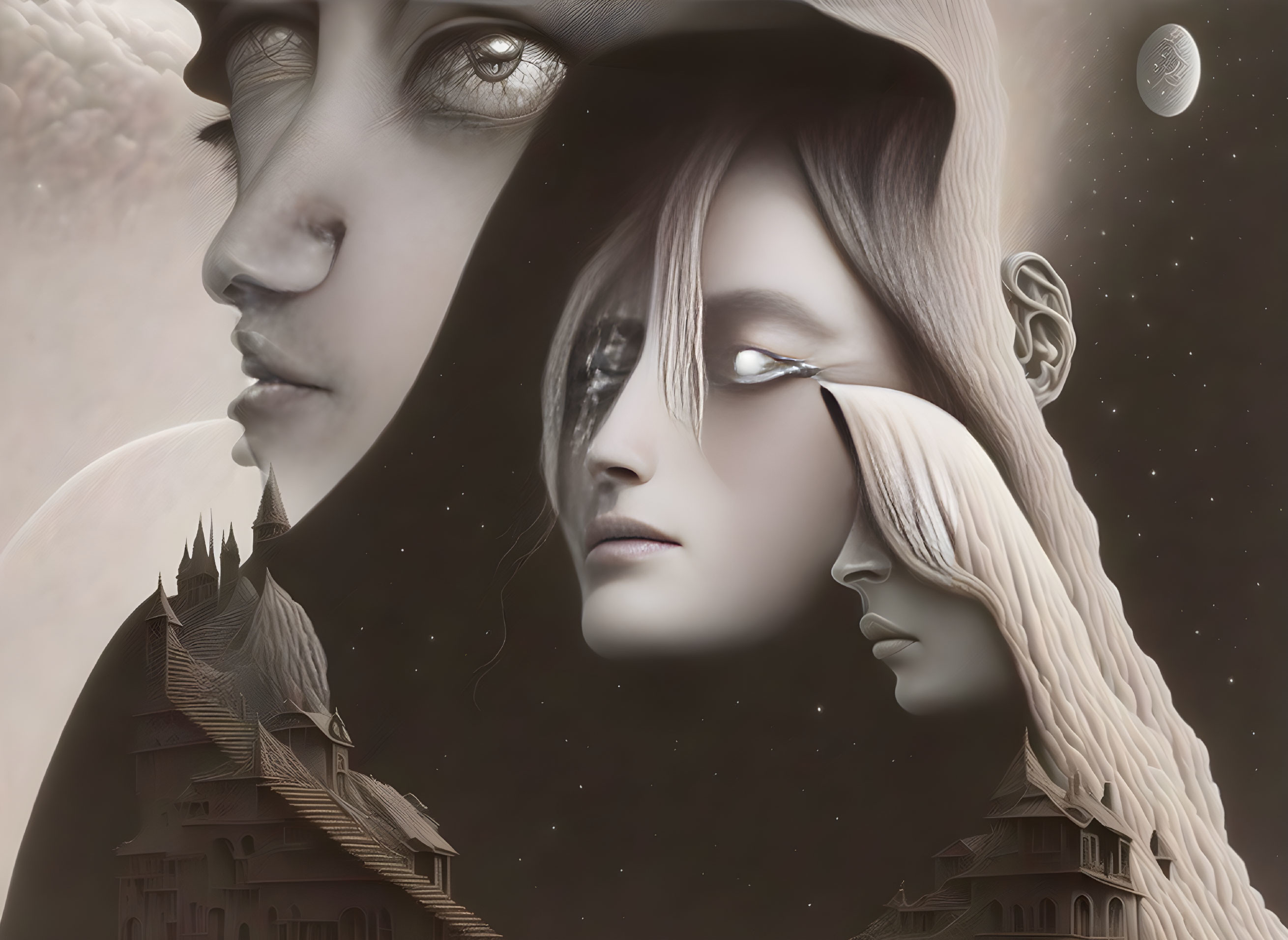 Surreal portrait collage: multiple female faces blend with architecture under moonlit sky.