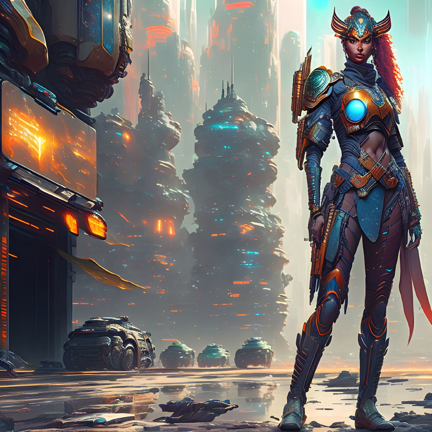 Futuristic warrior in high-tech armor in advanced cityscape