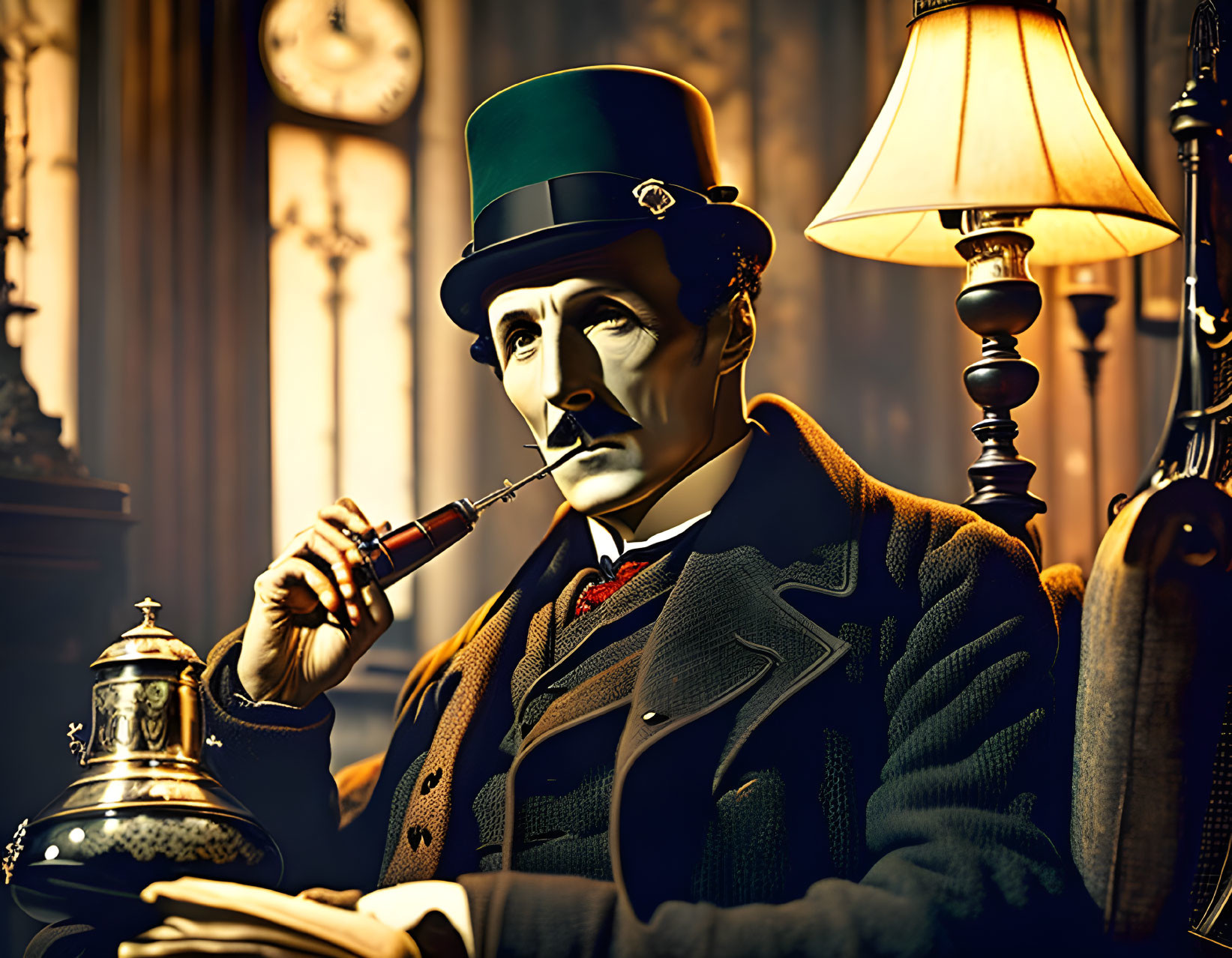 Vintage Gentleman with Green Top Hat, Monocle, and Pipe Beside Lamp and Teapot