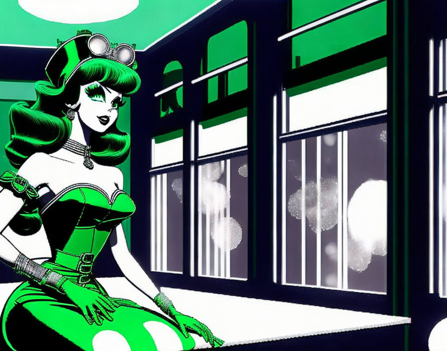 Stylized green-haired woman in green and black outfit by window with white clouds