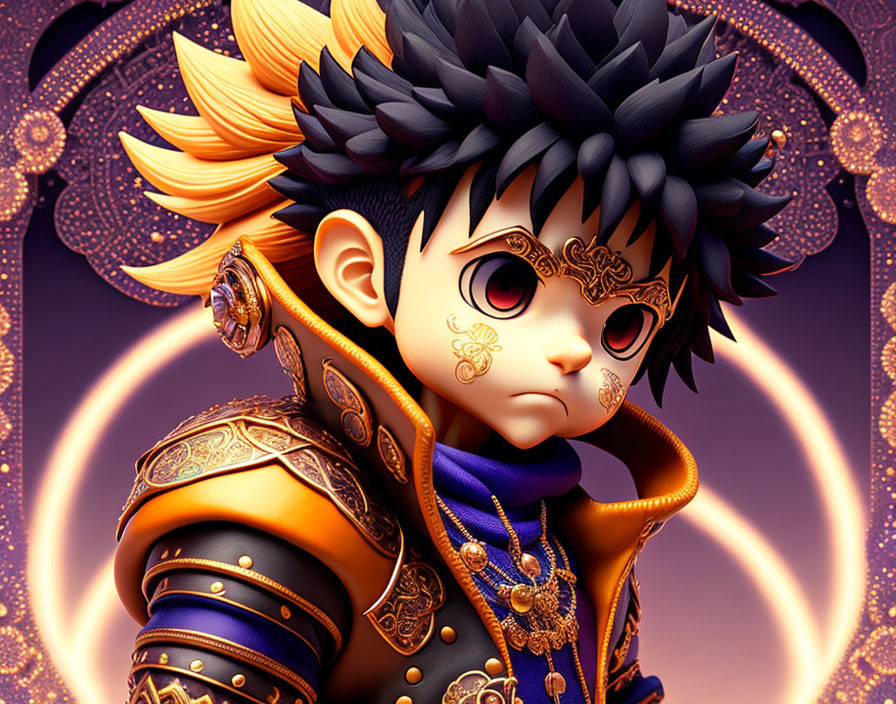 Detailed illustration of stylized character with spiked hair, golden facial markings, ornate armor.