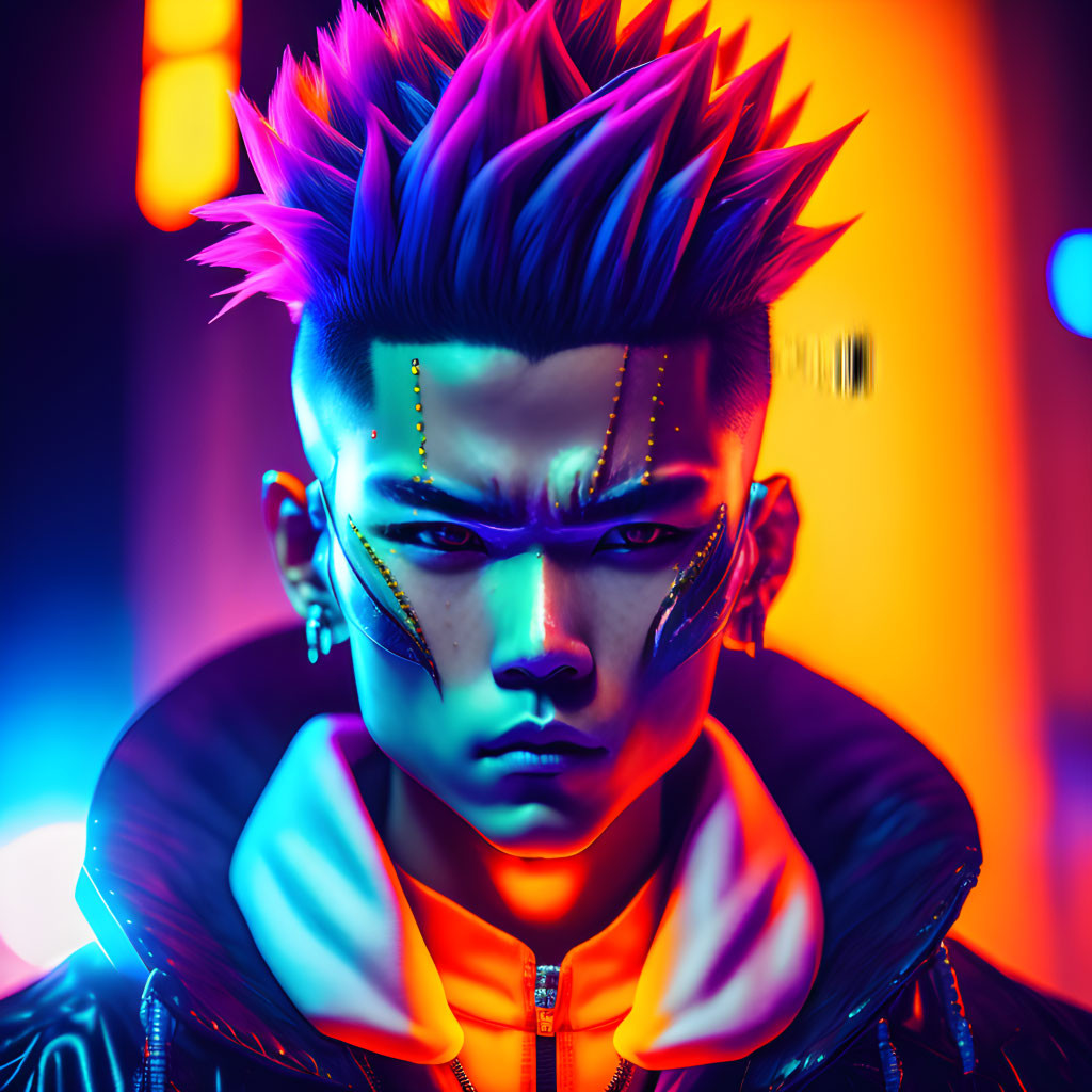 Person with Mohawk in Cyberpunk Art: Neon Lighting & Piercings