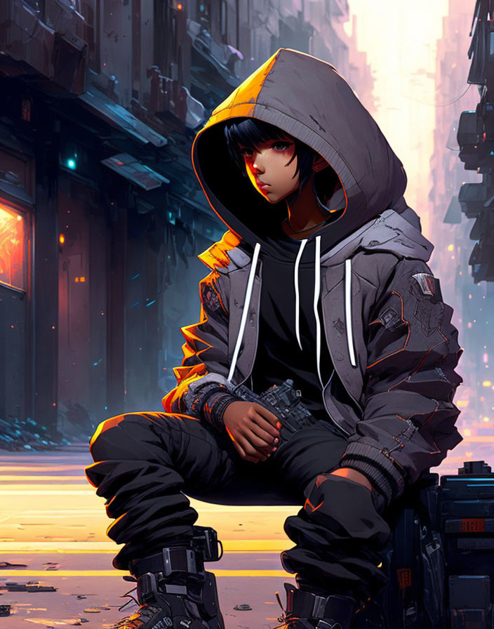 Digital artwork: Person in futuristic cityscape with hooded jacket and cybernetic legs, exuding