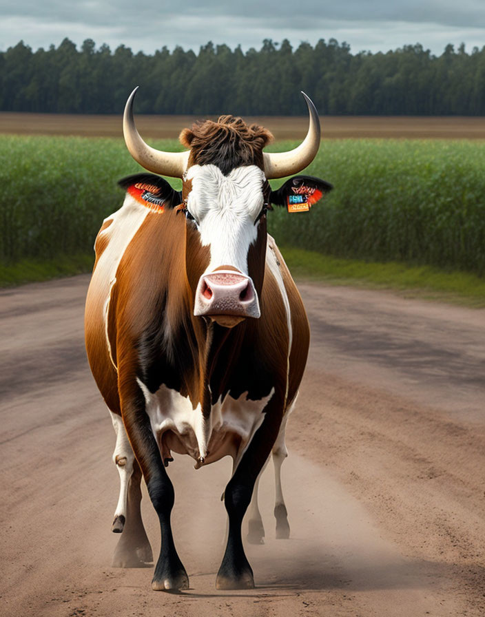 Symmetrical horned cow on dirt road with fields and trees under cloudy sky