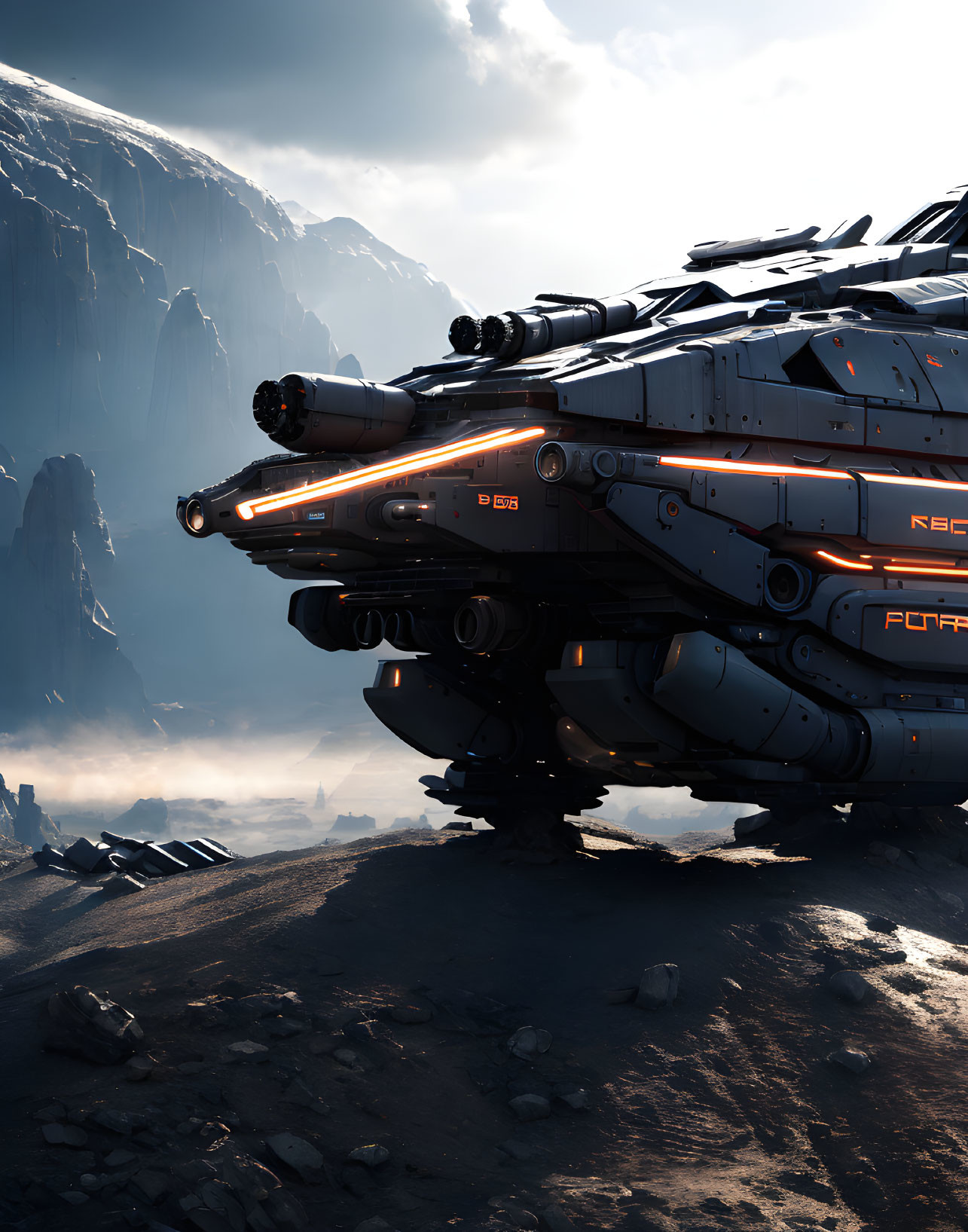 Futuristic spaceship on rocky terrain with misty mountains and dramatic sky