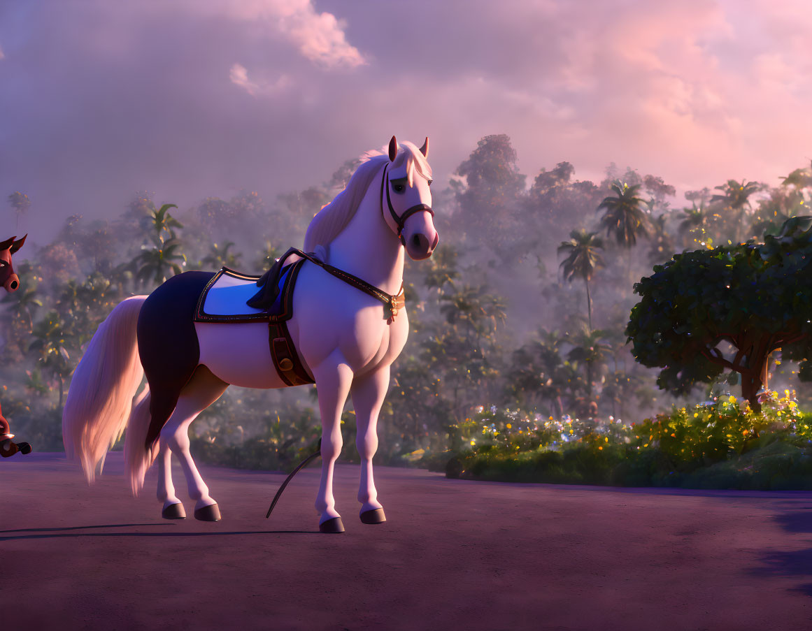 White animated horse with saddle in lush tropical landscape at sunset