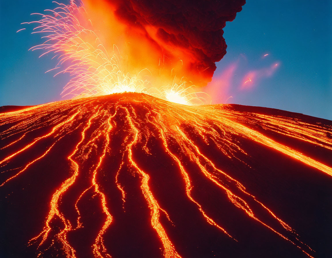 Majestic volcano eruption with molten lava streams and fiery explosions