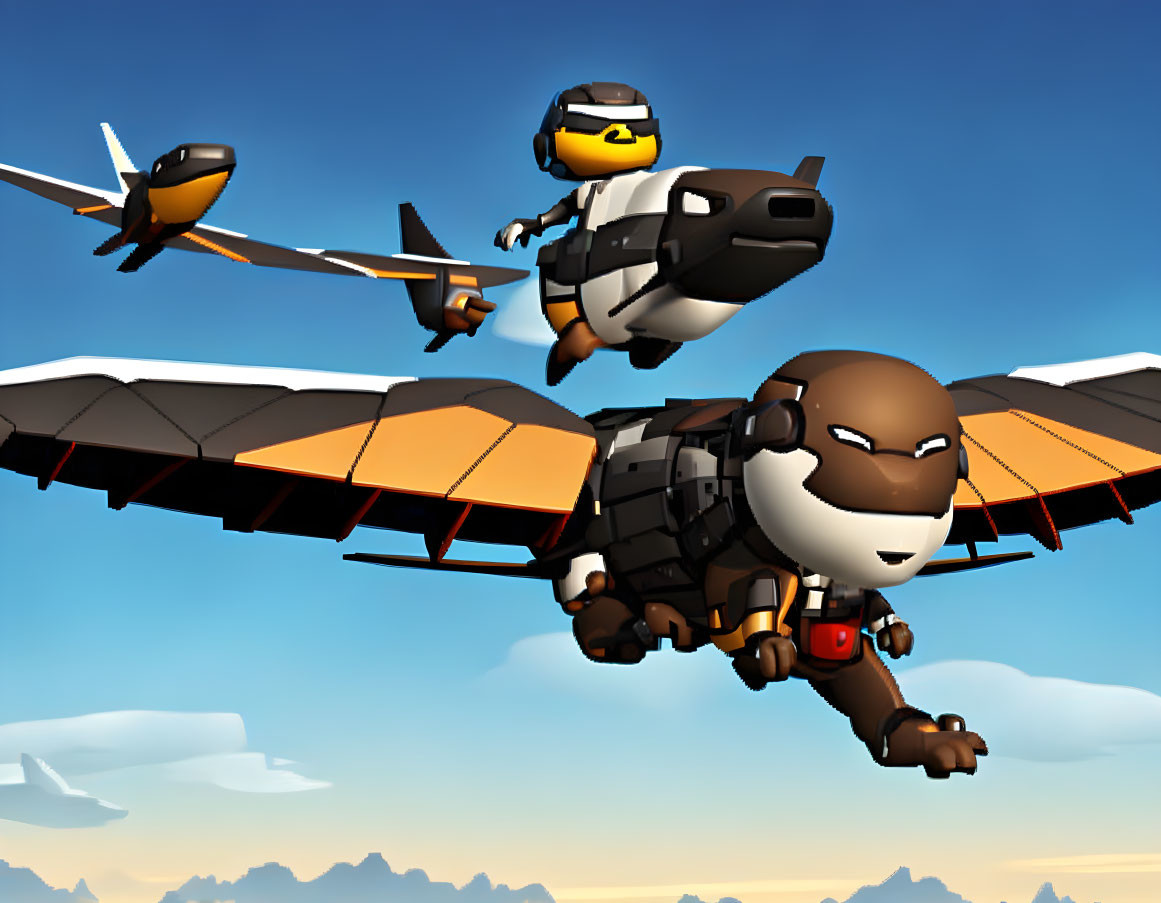 Animated characters in helmets and goggles with jetpacks and wings soar through fluffy cloud-filled skies