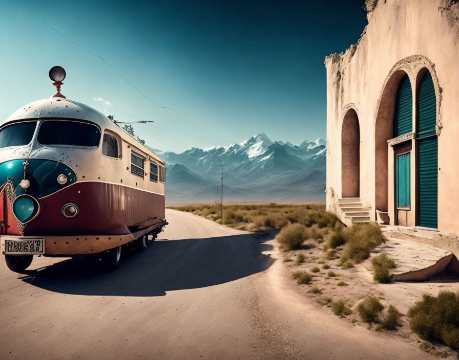 Vintage Streamlined Train Parked Beside Old Building in Desert Landscape